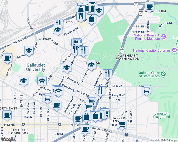 map of restaurants, bars, coffee shops, grocery stores, and more near 101 Independence Avenue Southeast in Washington