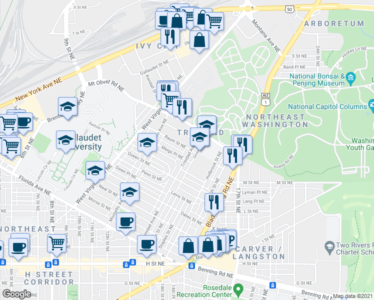 map of restaurants, bars, coffee shops, grocery stores, and more near 101 Independence Avenue Southeast in Washington