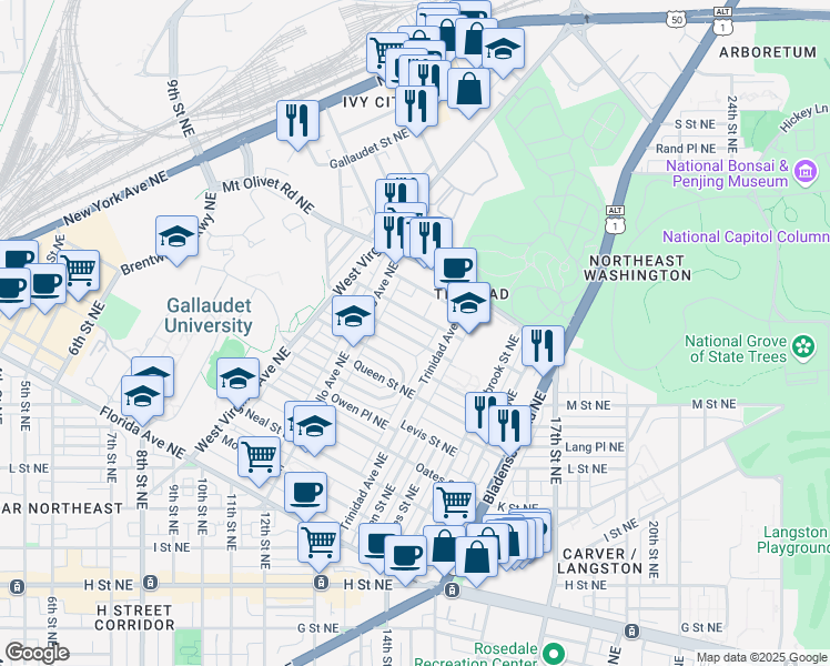 map of restaurants, bars, coffee shops, grocery stores, and more near 101 Independence Avenue Southeast in Washington