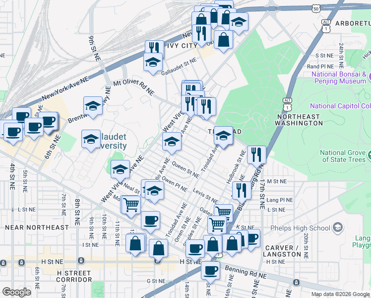 map of restaurants, bars, coffee shops, grocery stores, and more near 101 Independence Avenue Southeast in Washington