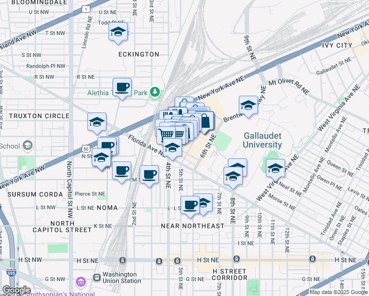map of restaurants, bars, coffee shops, grocery stores, and more near 101 Independence Avenue Southeast in Washington