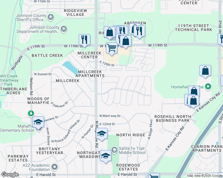 map of restaurants, bars, coffee shops, grocery stores, and more near 1600 North Ridgeview Road in Olathe