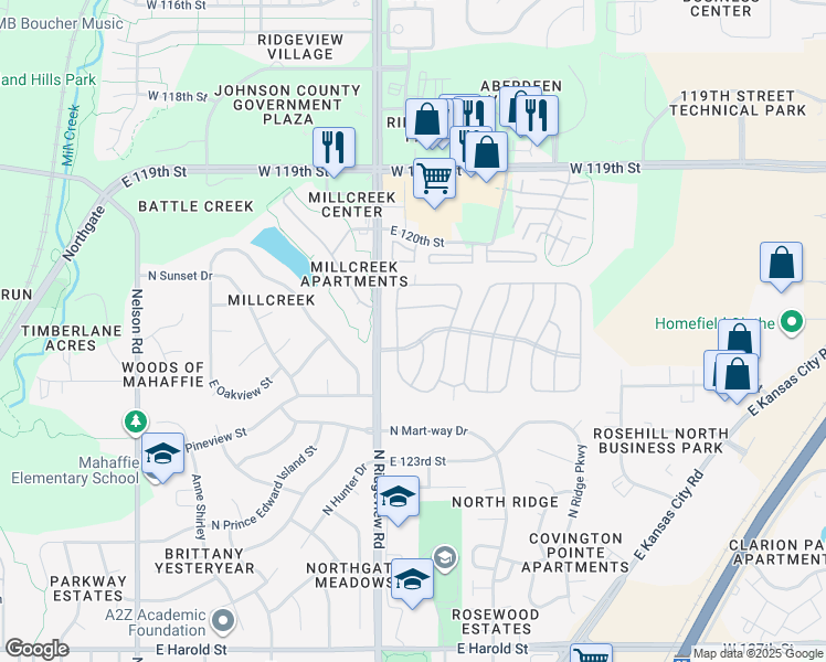 map of restaurants, bars, coffee shops, grocery stores, and more near 1600 North Ridgeview Road in Olathe