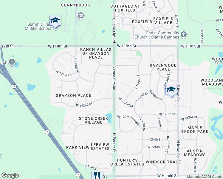 map of restaurants, bars, coffee shops, grocery stores, and more near 21494 West 121st Street in Olathe