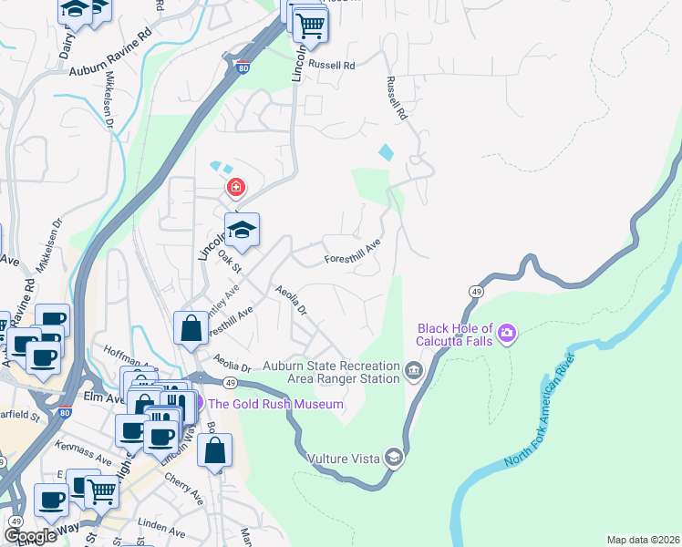 map of restaurants, bars, coffee shops, grocery stores, and more near 491 Foresthill Avenue in Auburn