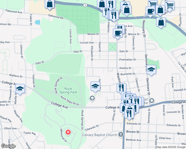 map of restaurants, bars, coffee shops, grocery stores, and more near 2121 Rockwell Street in Alton