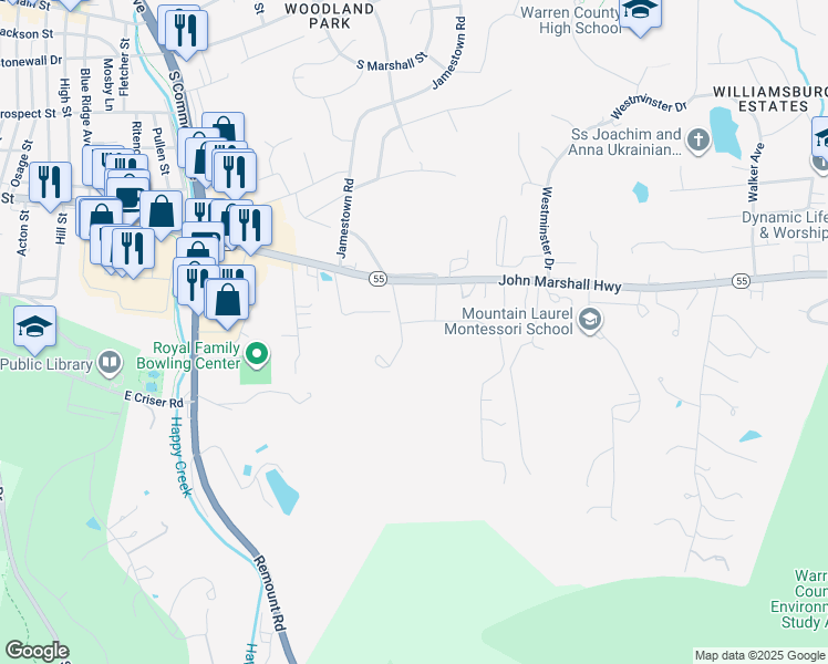map of restaurants, bars, coffee shops, grocery stores, and more near 1111 Elm Street in Front Royal