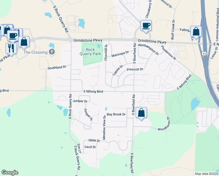 map of restaurants, bars, coffee shops, grocery stores, and more near 3808 Churchill Drive in Columbia