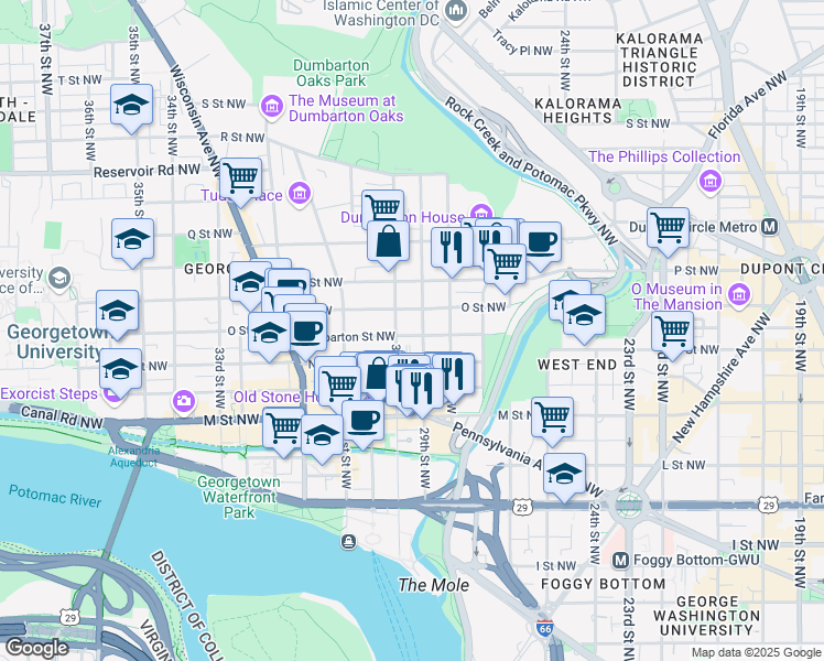 map of restaurants, bars, coffee shops, grocery stores, and more near 2911 Dumbarton Street Northwest in Washington