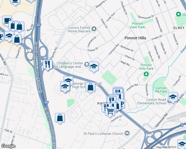 map of restaurants, bars, coffee shops, grocery stores, and more near 7600 Leesburg Pike in Falls Church
