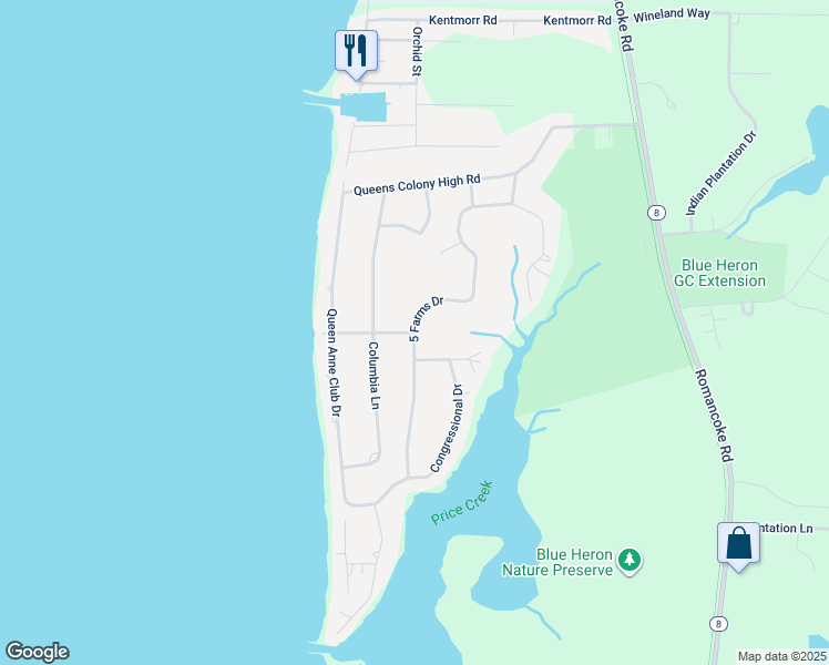 map of restaurants, bars, coffee shops, grocery stores, and more near 5 Farms Drive in Queen Anne's County