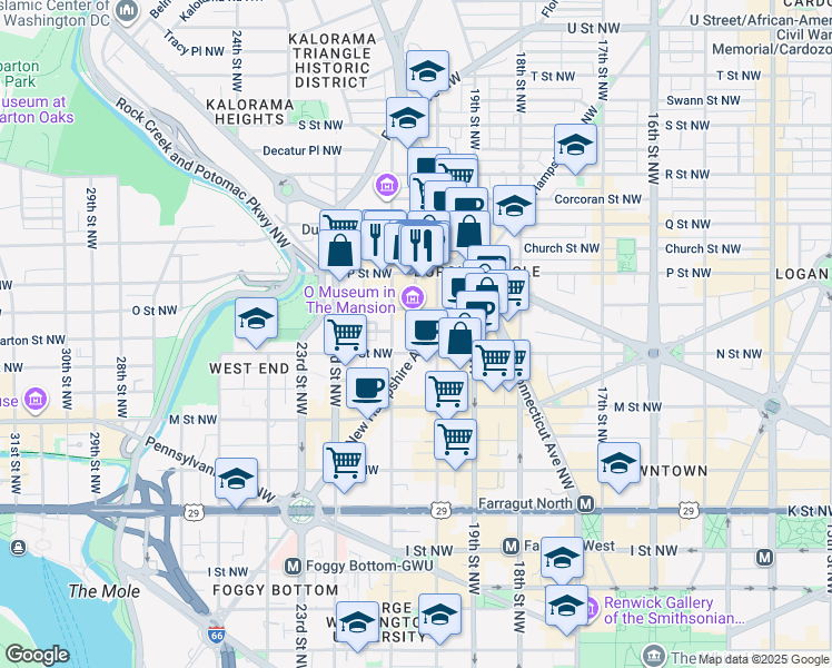 map of restaurants, bars, coffee shops, grocery stores, and more near 1316 New Hampshire Avenue Northwest in Washington