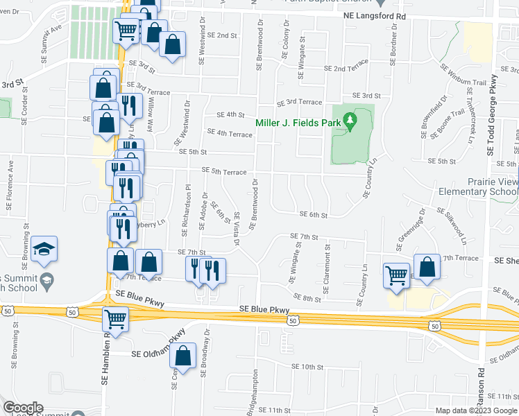 map of restaurants, bars, coffee shops, grocery stores, and more near 525 Southeast Brentwood Drive in Lee's Summit