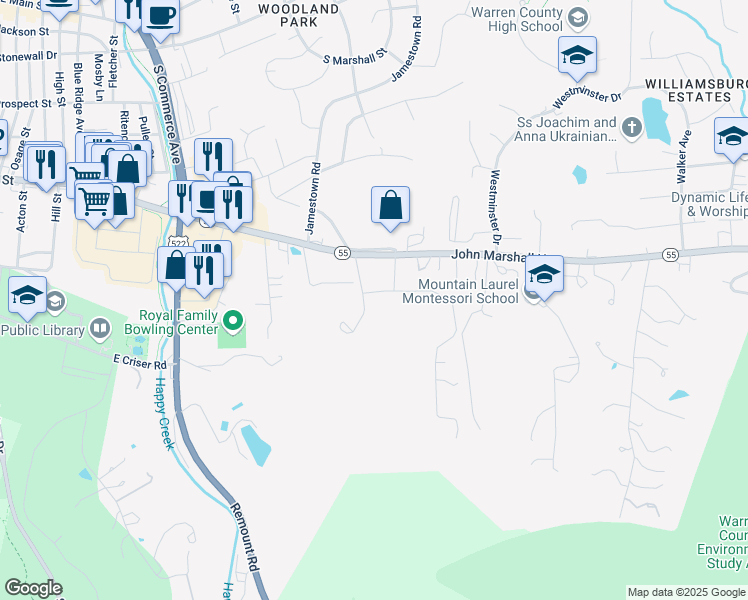 map of restaurants, bars, coffee shops, grocery stores, and more near 1111 Elm Street in Front Royal