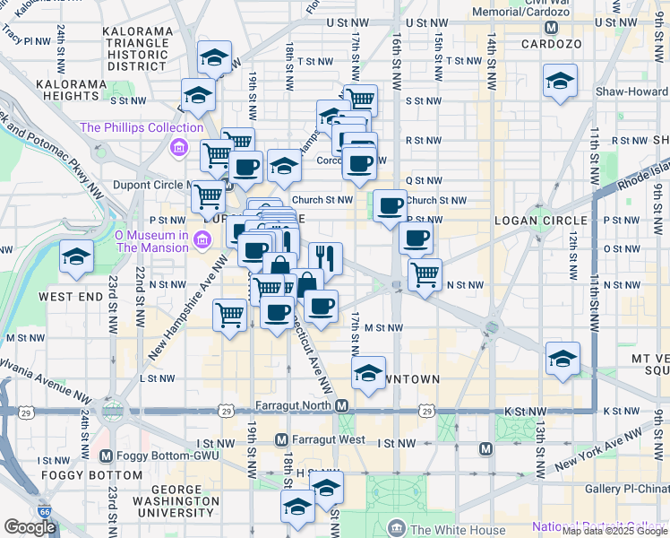 map of restaurants, bars, coffee shops, grocery stores, and more near 1724 Massachusetts Avenue Northwest in Washington