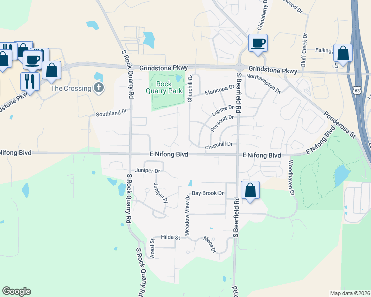 map of restaurants, bars, coffee shops, grocery stores, and more near 3716 Churchill Drive in Columbia