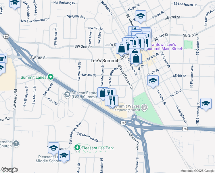 map of restaurants, bars, coffee shops, grocery stores, and more near 404 Southwest Mission Road in Lee's Summit