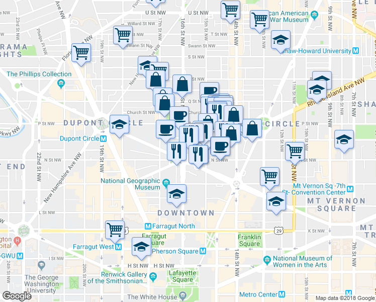 map of restaurants, bars, coffee shops, grocery stores, and more near 1 Scott Circle Northwest in Washington