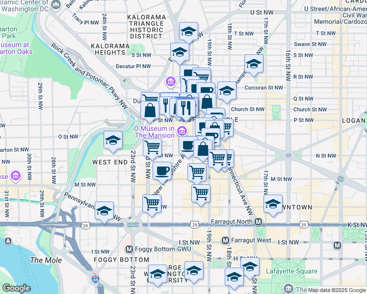 map of restaurants, bars, coffee shops, grocery stores, and more near 2012 O Street Northwest in Washington