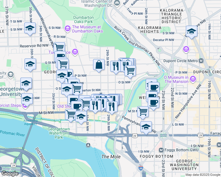 map of restaurants, bars, coffee shops, grocery stores, and more near 2817 Dumbarton Street Northwest in Washington