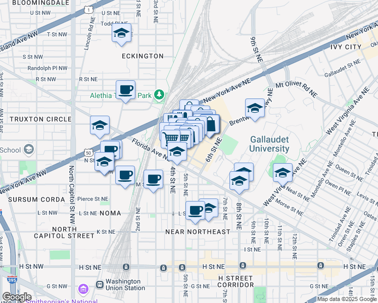 map of restaurants, bars, coffee shops, grocery stores, and more near 416 Morse Street Northeast in Washington