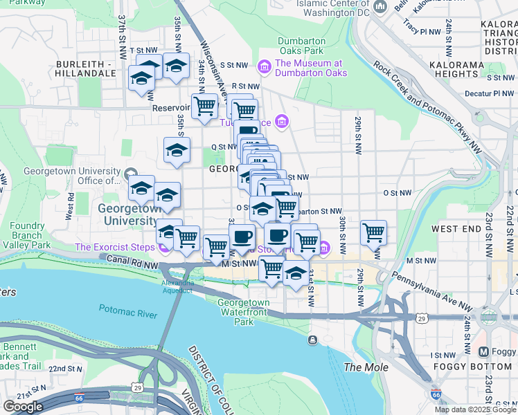 map of restaurants, bars, coffee shops, grocery stores, and more near 3219 O Street Northwest in Washington
