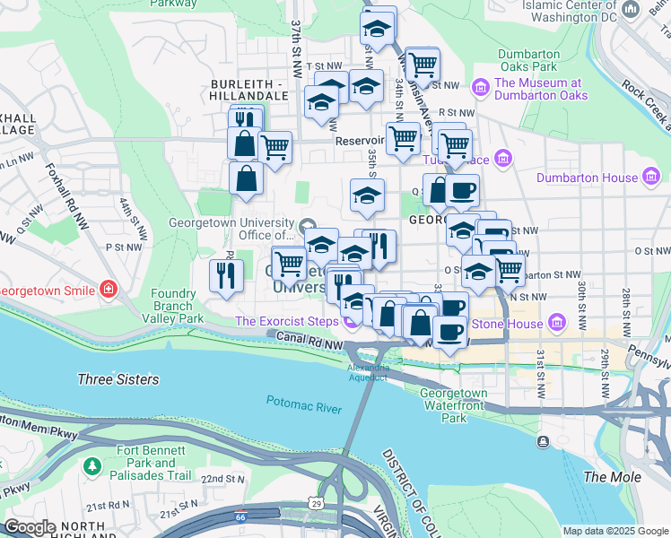 map of restaurants, bars, coffee shops, grocery stores, and more near 3615 O Street Northwest in Washington
