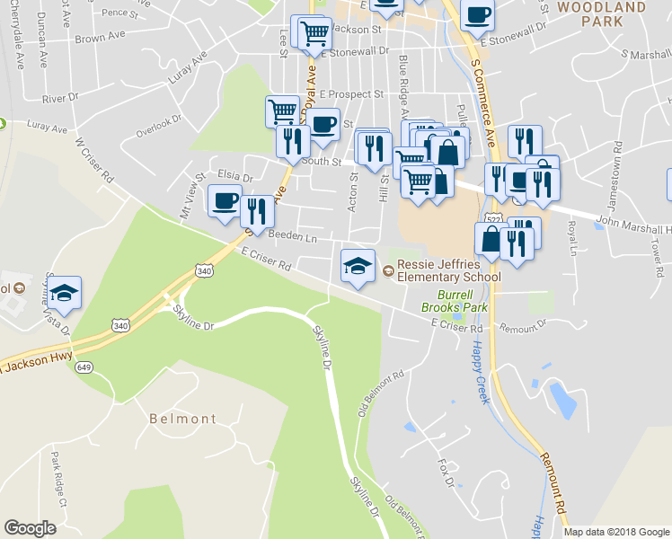 map of restaurants, bars, coffee shops, grocery stores, and more near 736 Parkview Drive in Front Royal