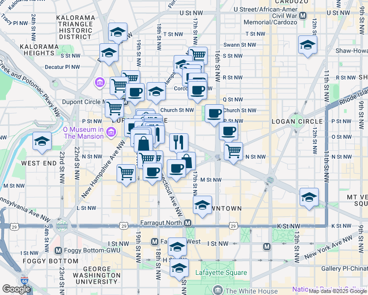 map of restaurants, bars, coffee shops, grocery stores, and more near 1724 Massachusetts Avenue Northwest in Washington