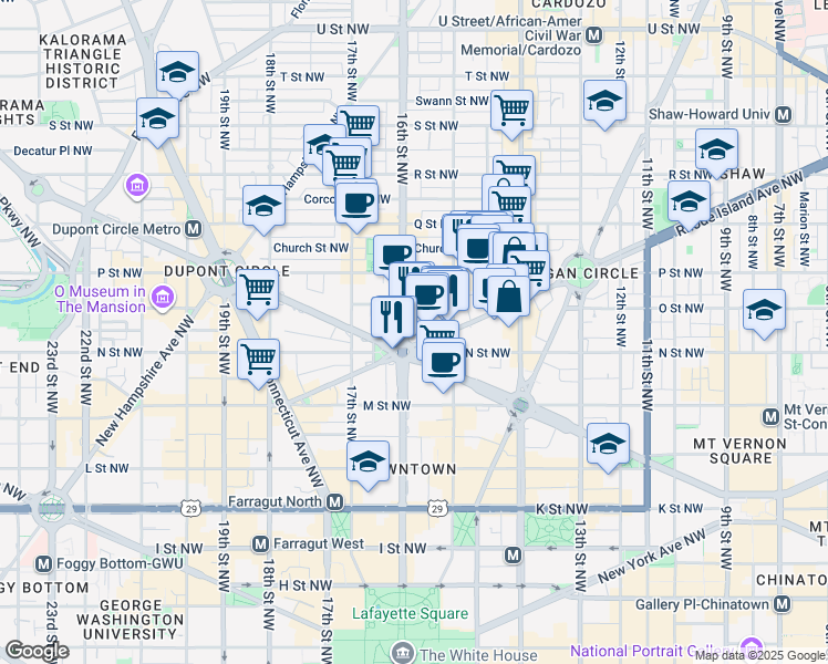 map of restaurants, bars, coffee shops, grocery stores, and more near 1 Scott Circle Northwest in Washington