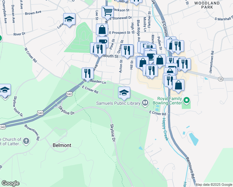 map of restaurants, bars, coffee shops, grocery stores, and more near 736 Parkview Drive in Front Royal