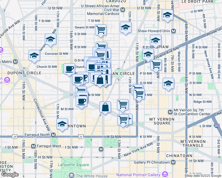 map of restaurants, bars, coffee shops, grocery stores, and more near 1314 Vermont Avenue Northwest in Washington