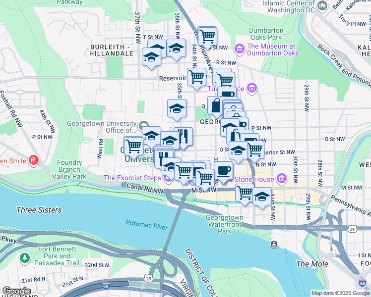 map of restaurants, bars, coffee shops, grocery stores, and more near 3425 O Street Northwest in Washington