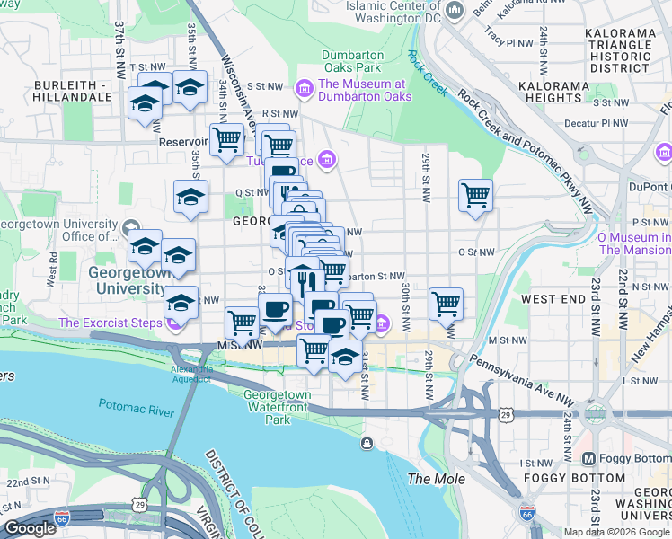 map of restaurants, bars, coffee shops, grocery stores, and more near 3133 Dumbarton Street Northwest in Washington