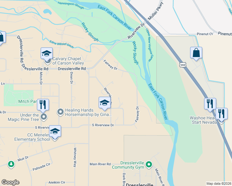 map of restaurants, bars, coffee shops, grocery stores, and more near 974 Birdie Court in Gardnerville