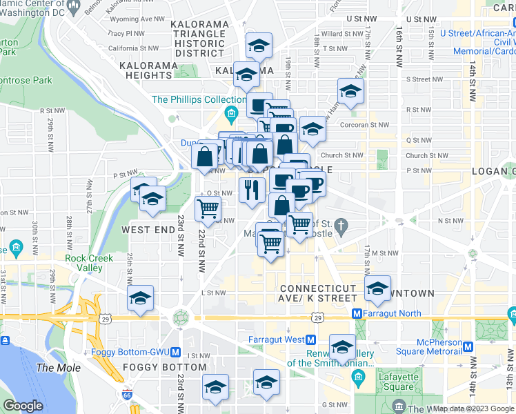 map of restaurants, bars, coffee shops, grocery stores, and more near 1316 New Hampshire Avenue Northwest in Washington