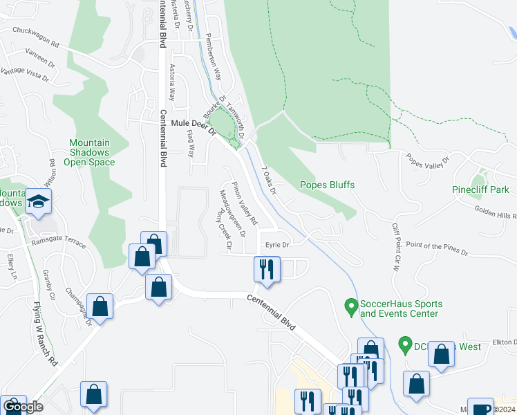 map of restaurants, bars, coffee shops, grocery stores, and more near 5305 Mule Deer Drive in Colorado Springs