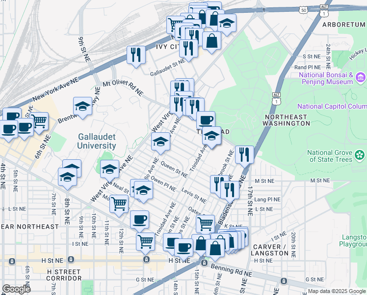 map of restaurants, bars, coffee shops, grocery stores, and more near 101 Independence Avenue Southeast in Washington