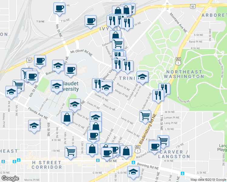 map of restaurants, bars, coffee shops, grocery stores, and more near 101 Independence Avenue Southeast in Washington