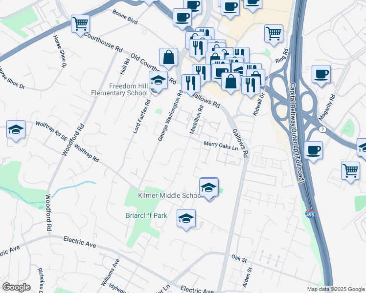 map of restaurants, bars, coffee shops, grocery stores, and more near 2048 Madrillon Road in Vienna
