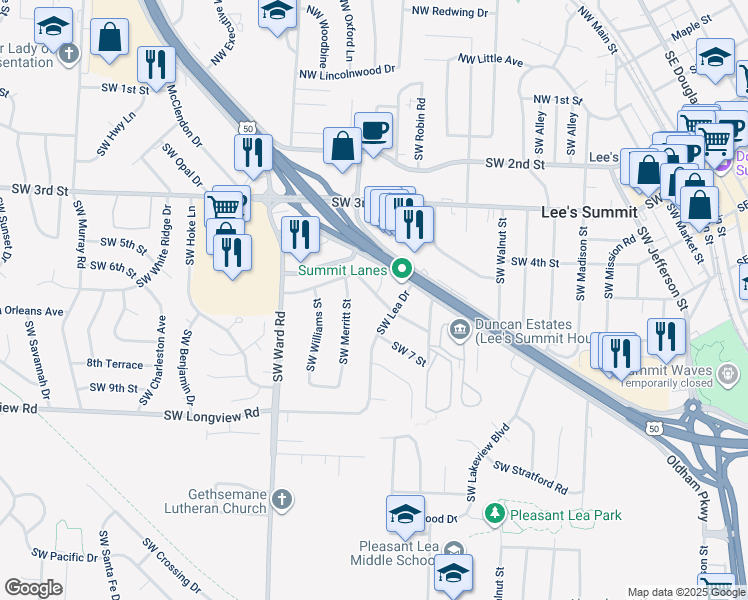 map of restaurants, bars, coffee shops, grocery stores, and more near 819 Southwest 6th Street in Lee's Summit