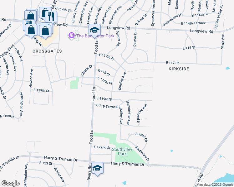 map of restaurants, bars, coffee shops, grocery stores, and more near 11815 Delmar Street in Kansas City