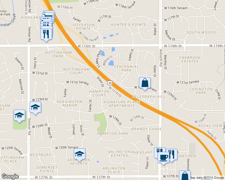 map of restaurants, bars, coffee shops, grocery stores, and more near 12101 Hayes Street in Overland Park