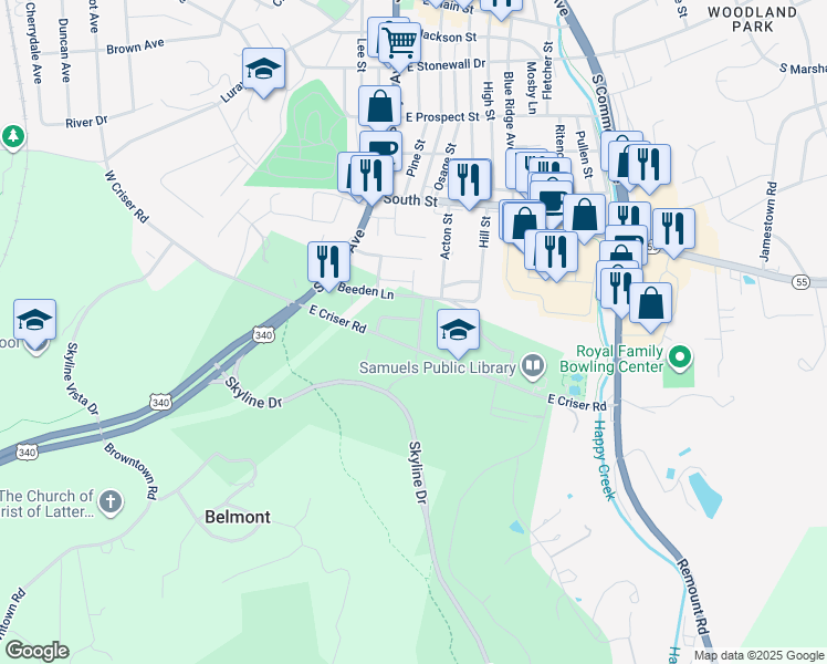 map of restaurants, bars, coffee shops, grocery stores, and more near 723 Parkview Drive in Front Royal