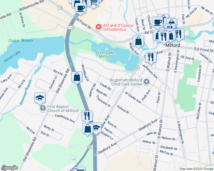 map of restaurants, bars, coffee shops, grocery stores, and more near 507 Caulk Road in Milford