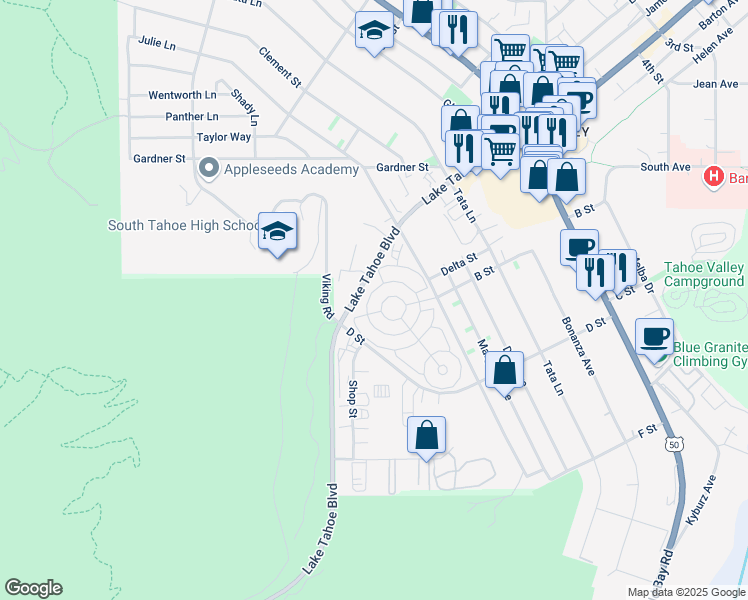 map of restaurants, bars, coffee shops, grocery stores, and more near 1080 Julie Lane in South Lake Tahoe