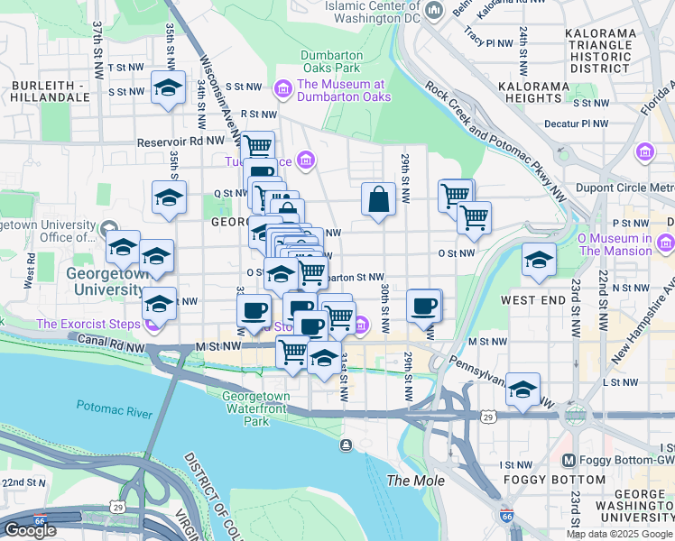 map of restaurants, bars, coffee shops, grocery stores, and more near 1336 31st St NW in Washington