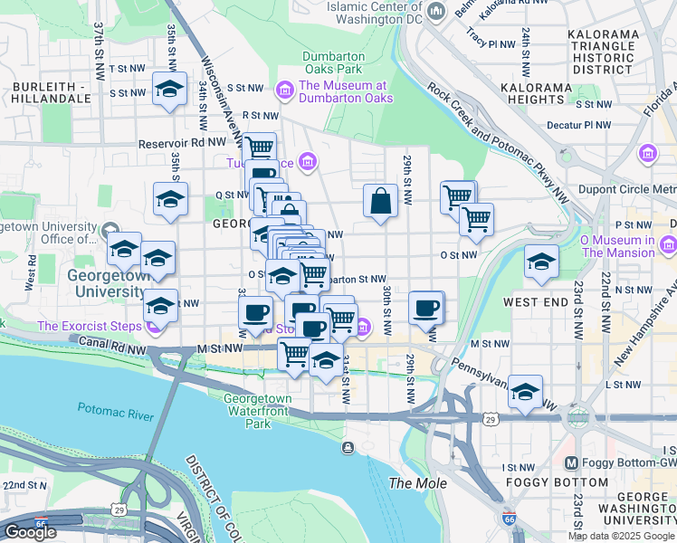 map of restaurants, bars, coffee shops, grocery stores, and more near 1336 31st St NW in Washington