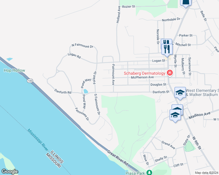 map of restaurants, bars, coffee shops, grocery stores, and more near 1218 Douglas Street in Alton