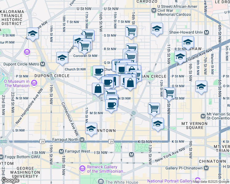 map of restaurants, bars, coffee shops, grocery stores, and more near Rhode Island Ave NW & 15th St NW in Washington